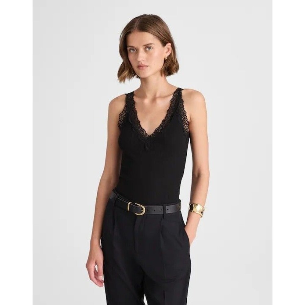 NWT Madewell Lace Trimmed Ribbed  V-Neck Tank Top Black V Neck Back NZ772